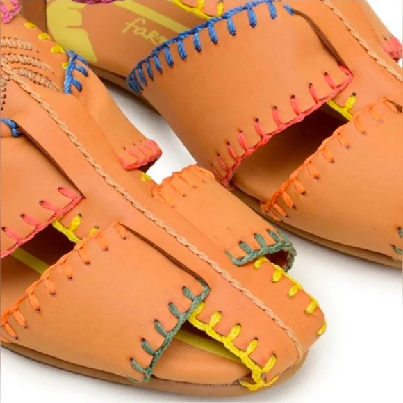 NWT Farm Rio Caramel Tan Whipstitch Fisherman Sandals Palm Tree Adjustable Strap - Picture 3 of 17